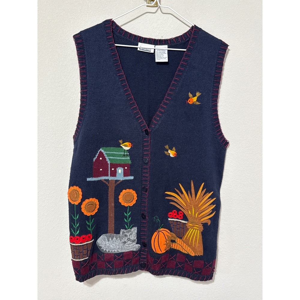 Vintage Fall Sweater Vest Womens XL Navy Blue Harvest Cat Birdhouse Embroidered